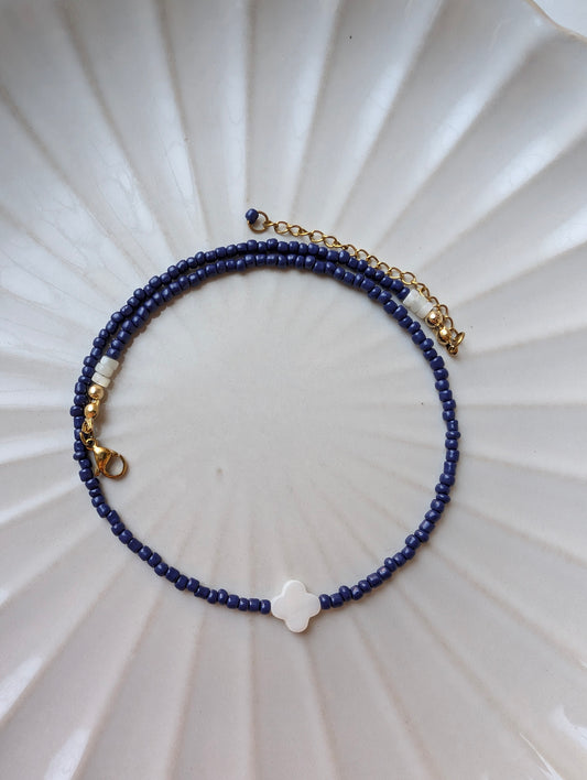 Pearl Four Clover & Navy Beaded Choker Necklace