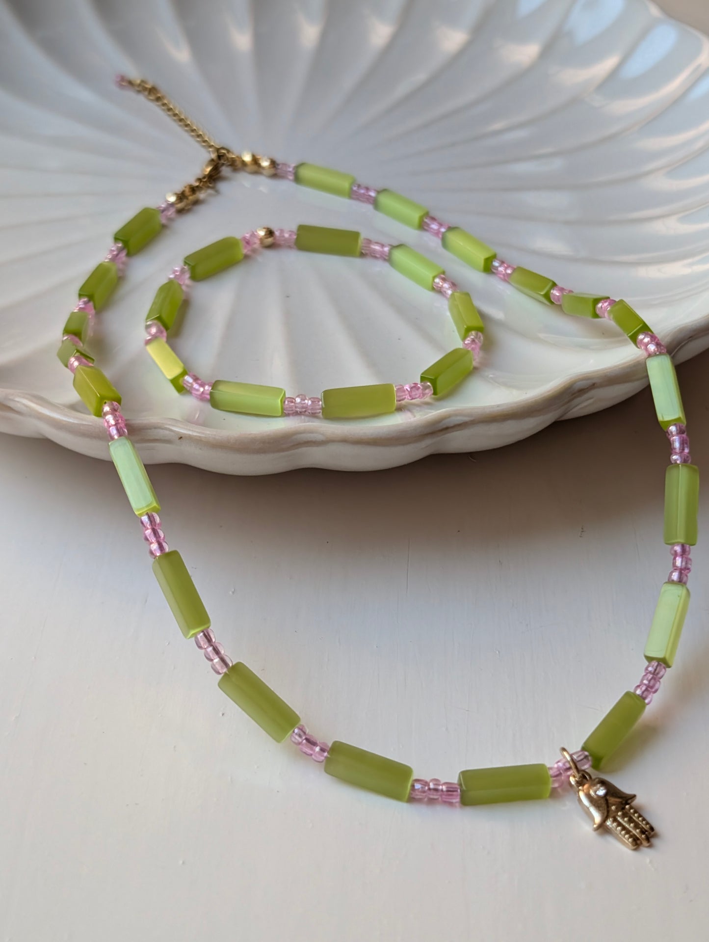Green Cat's Eye & Pink Beaded Necklace