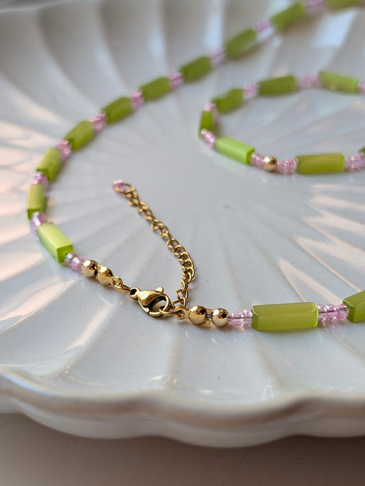 Green Cat's Eye & Pink Beaded Necklace