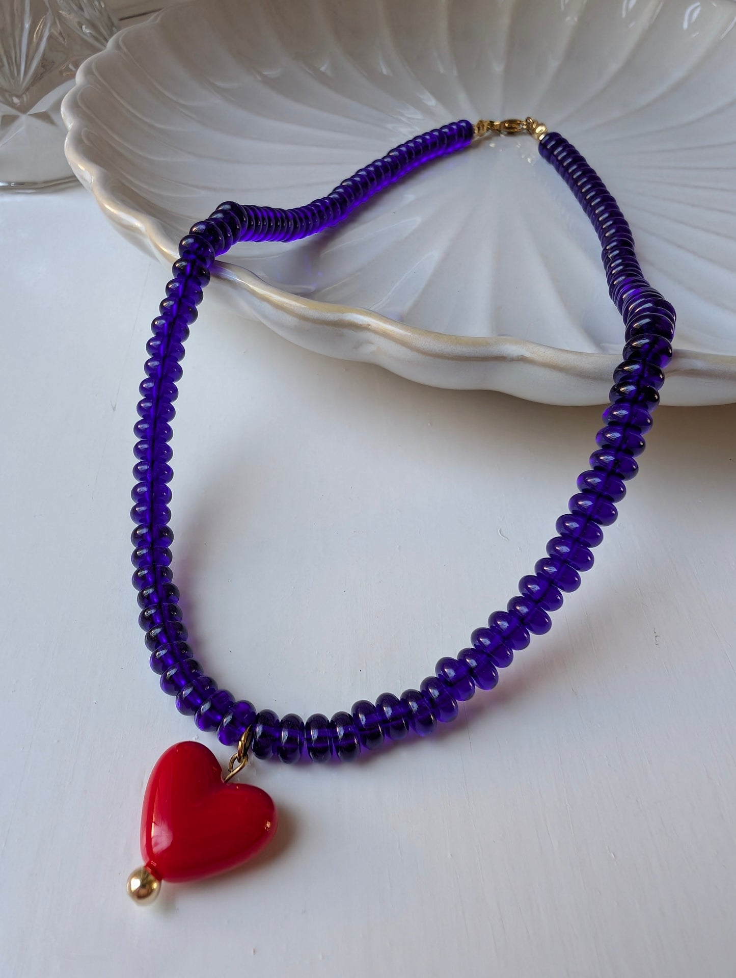 Cobalt Blue Rondelle Glass Beaded Choker with Love Heart Charm
