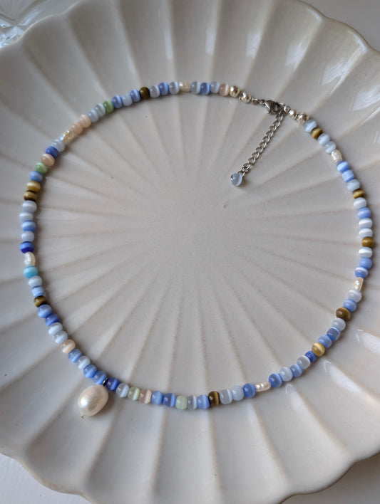 Natural Pearl & Blue Cat's Eye Mermaid Necklace