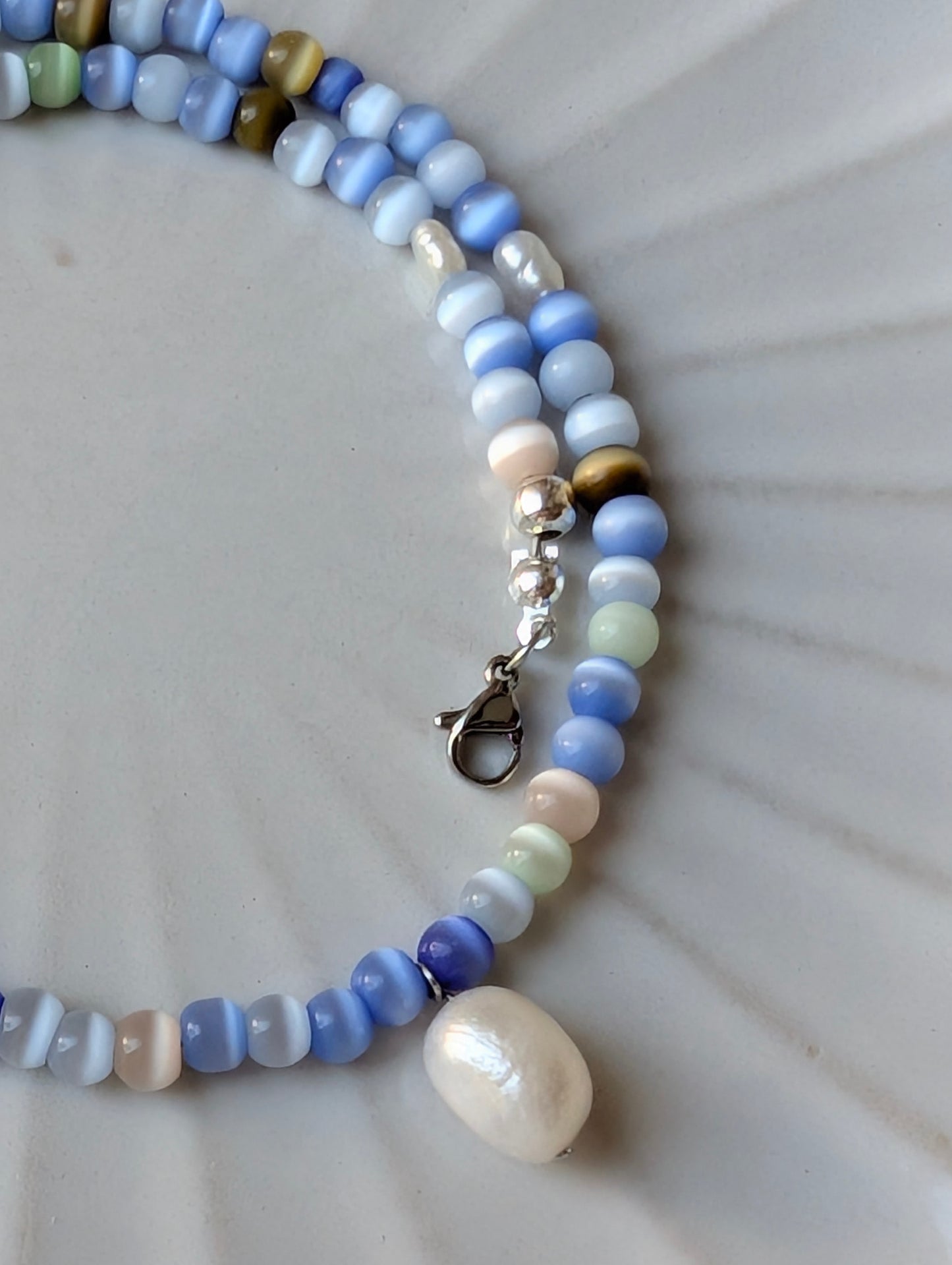 Natural Pearl & Blue Cat's Eye Mermaid Necklace