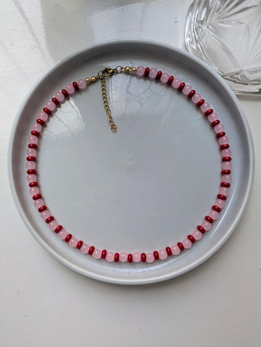 Pink & Red Rondelle Stone Beaded Necklace