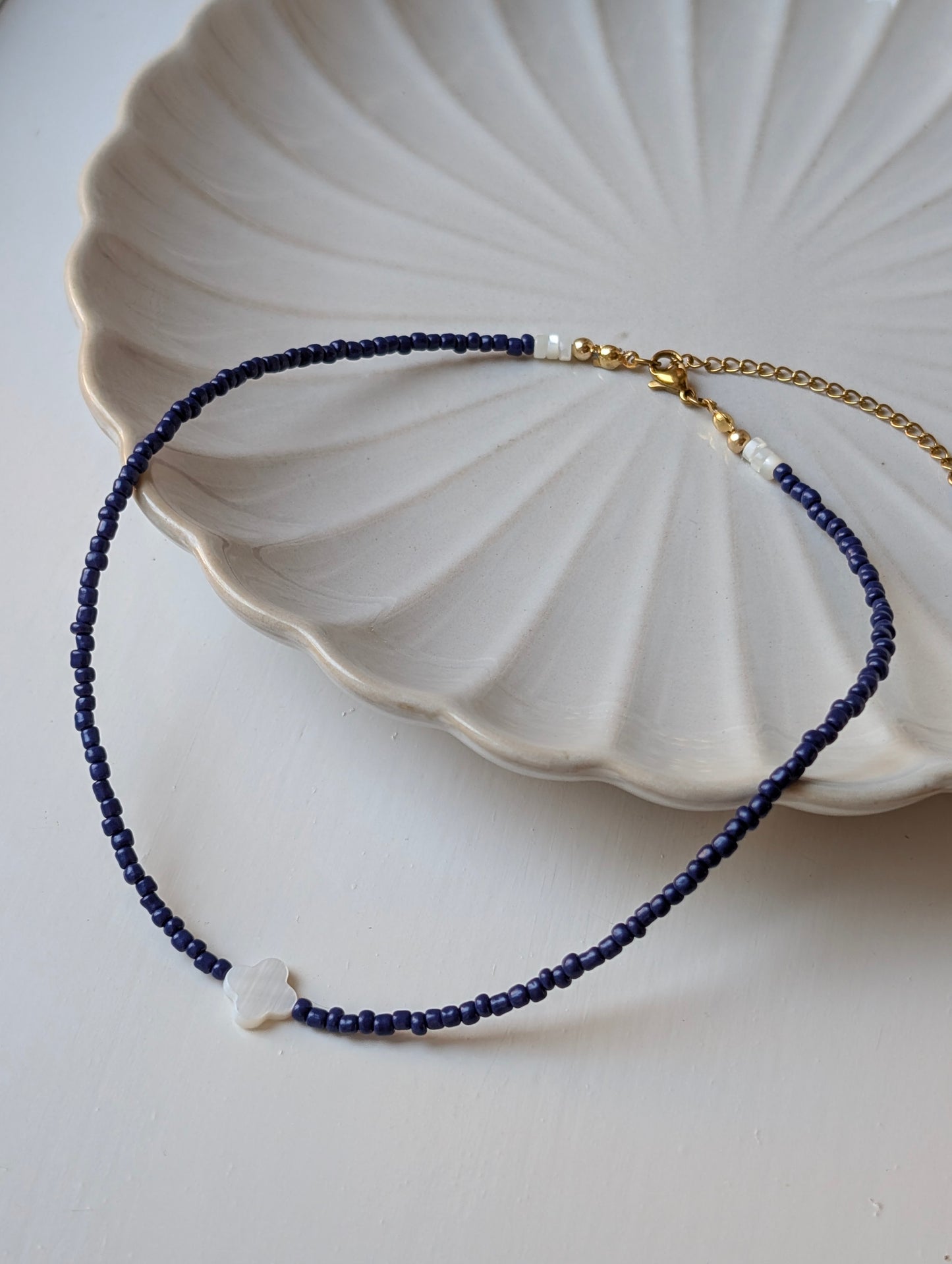 Pearl Four Clover & Navy Beaded Choker Necklace