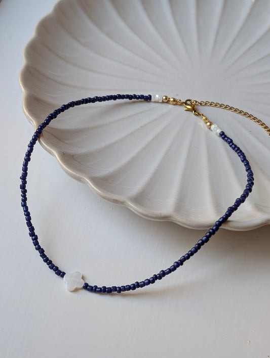 Pearl Four Clover & Navy Beaded Choker Necklace