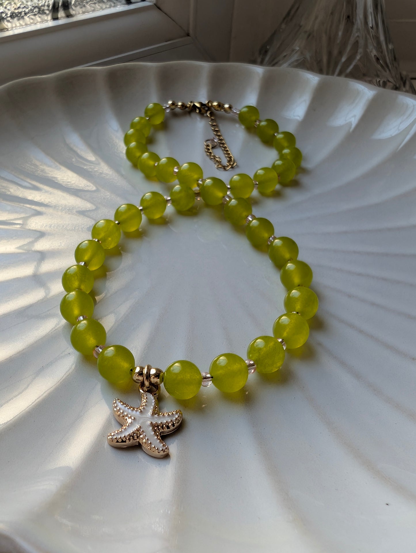 Green Jade & Pink Beaded Starfish Necklace