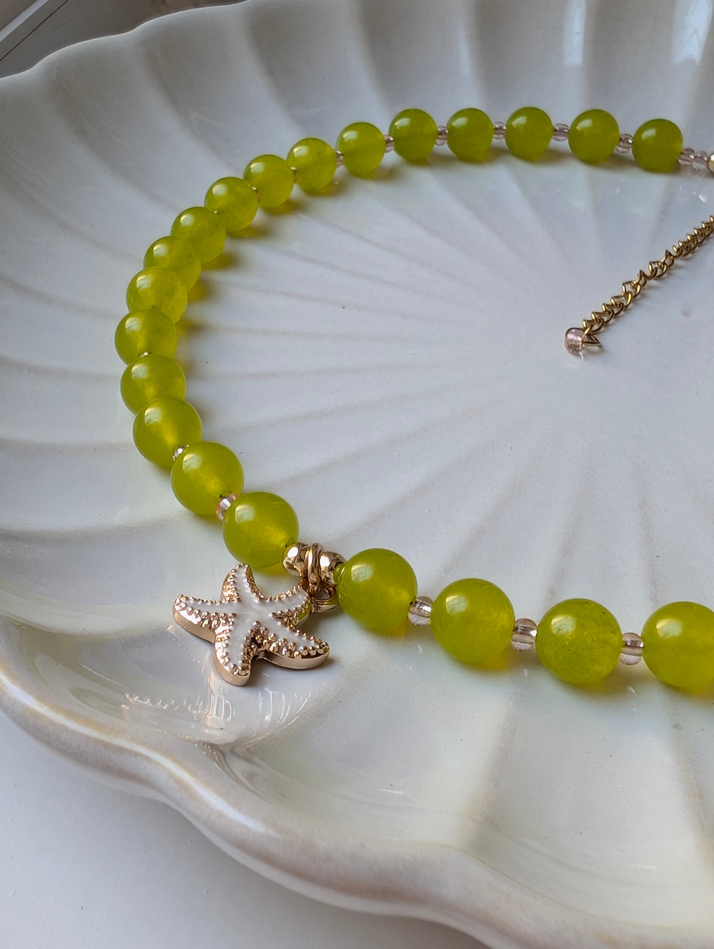 Green Jade & Pink Beaded Starfish Necklace