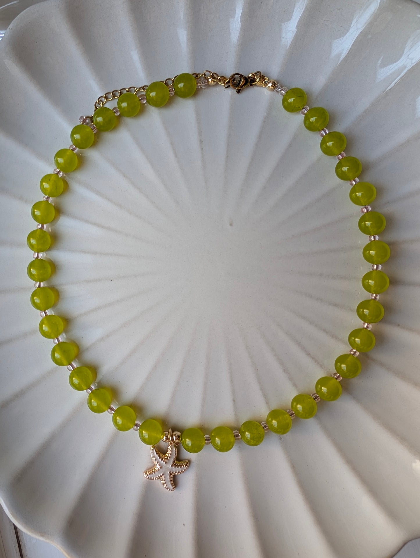 Green Jade & Pink Beaded Starfish Necklace
