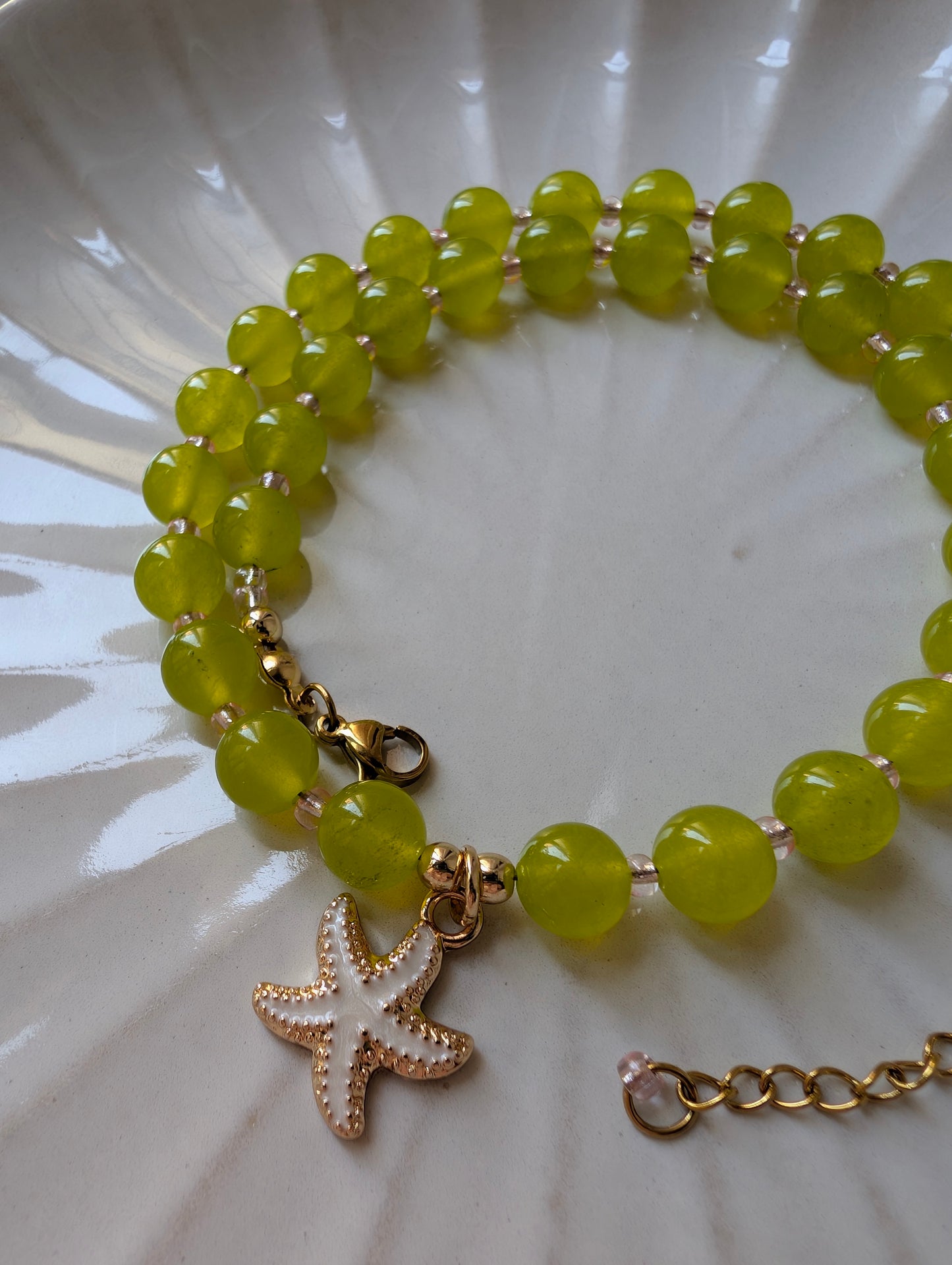 Green Jade & Pink Beaded Starfish Necklace