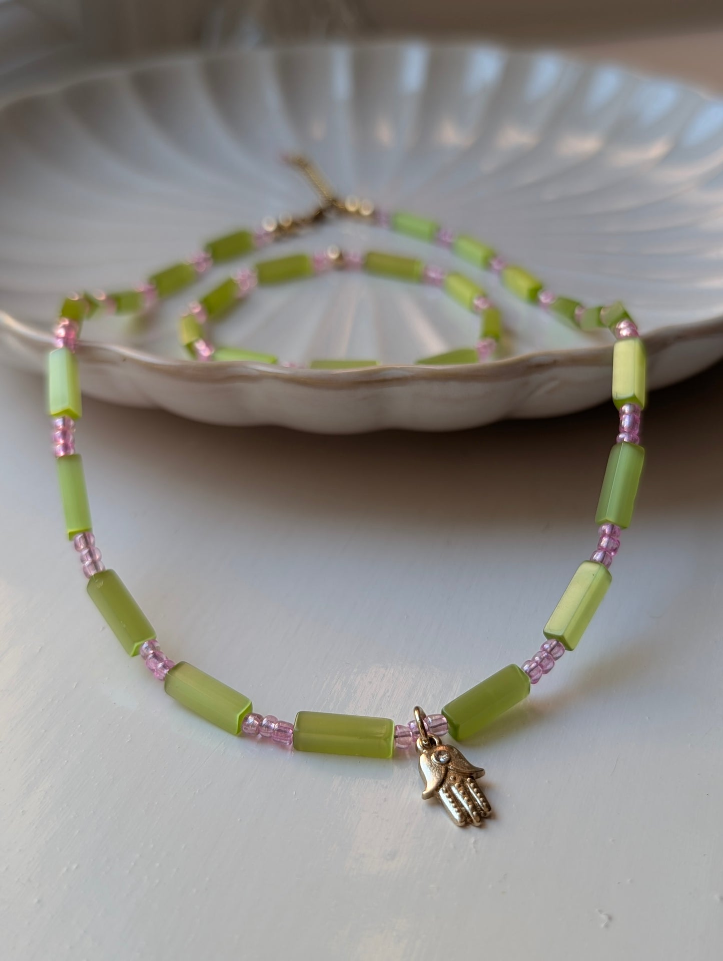 Green Cat's Eye & Pink Beaded Necklace