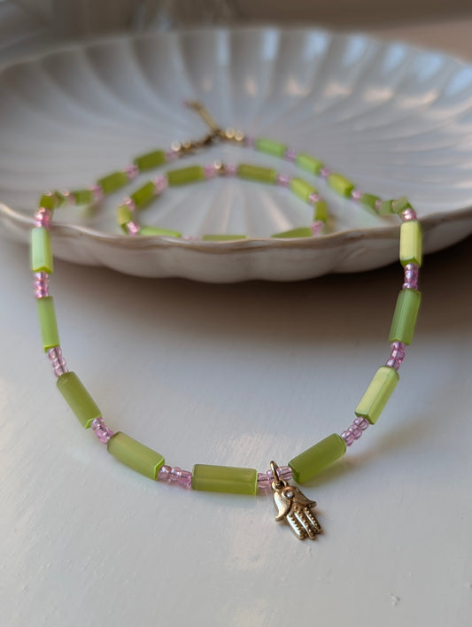 Green Cat's Eye & Pink Beaded Necklace
