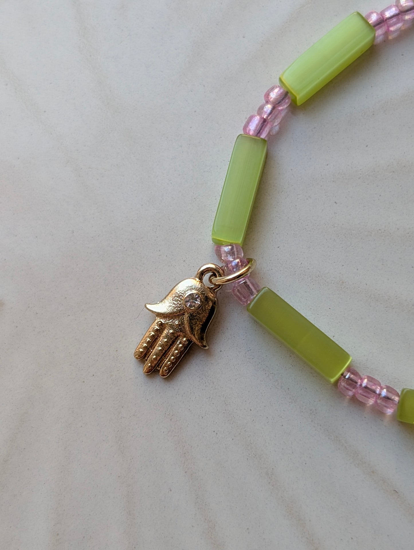 Green Cat's Eye & Pink Beaded Necklace