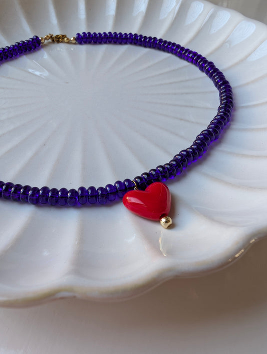 Cobalt Blue Rondelle Glass Beaded Choker with Love Heart Charm
