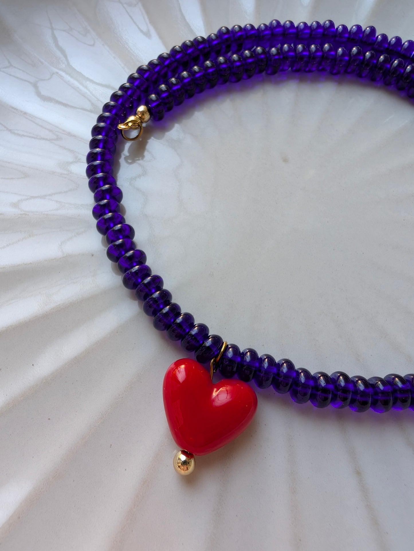 Cobalt Blue Rondelle Glass Beaded Choker with Love Heart Charm