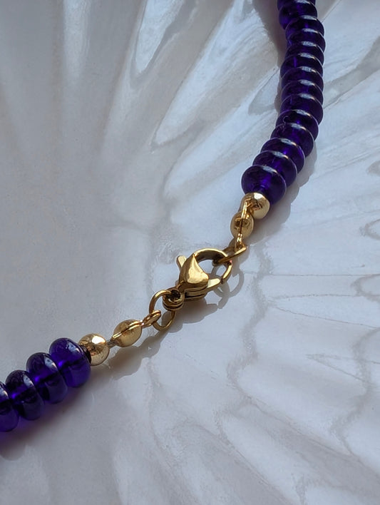 Cobalt Blue Rondelle Glass Beaded Choker with Love Heart Charm