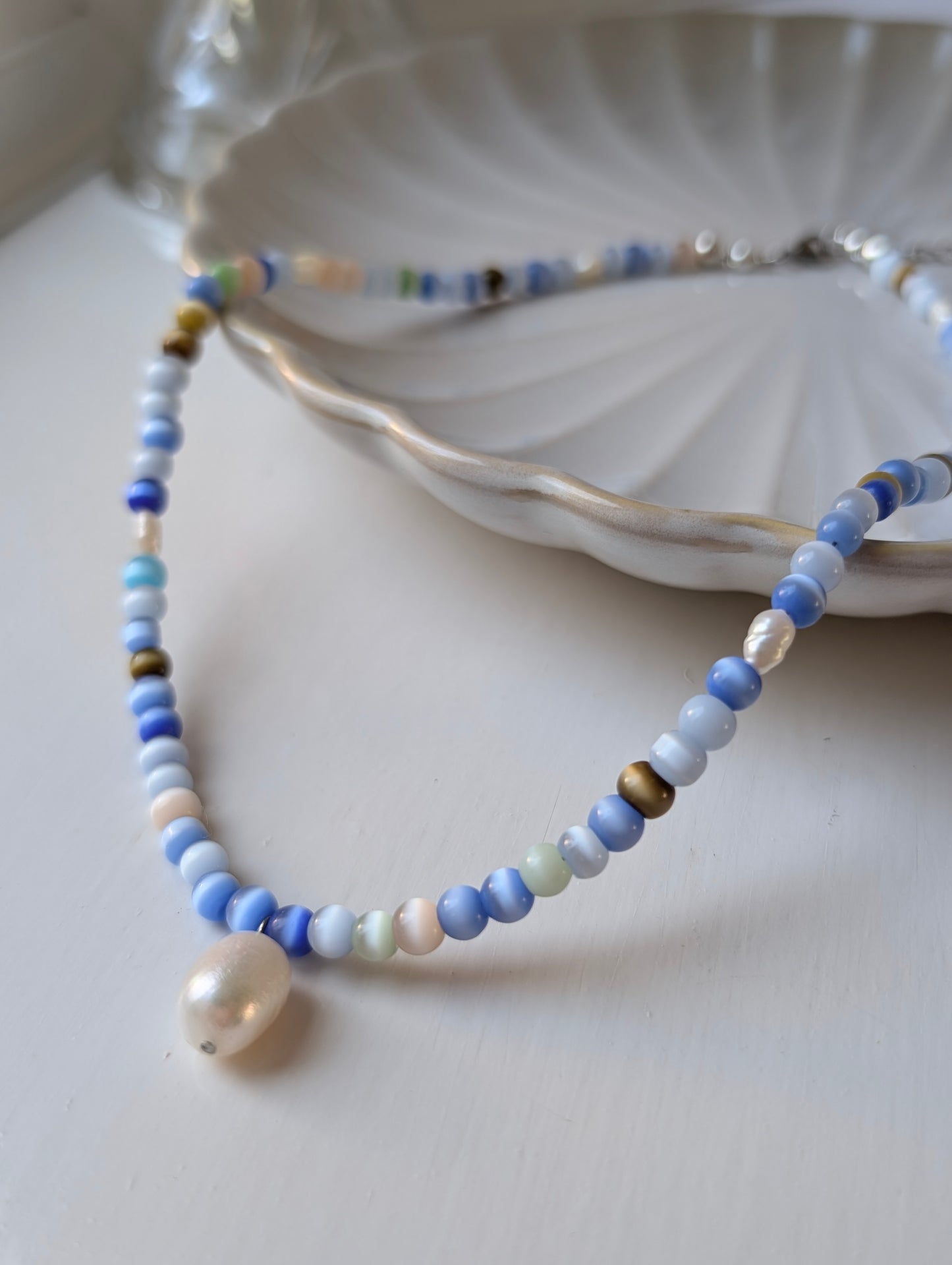 Natural Pearl & Blue Cat's Eye Mermaid Necklace