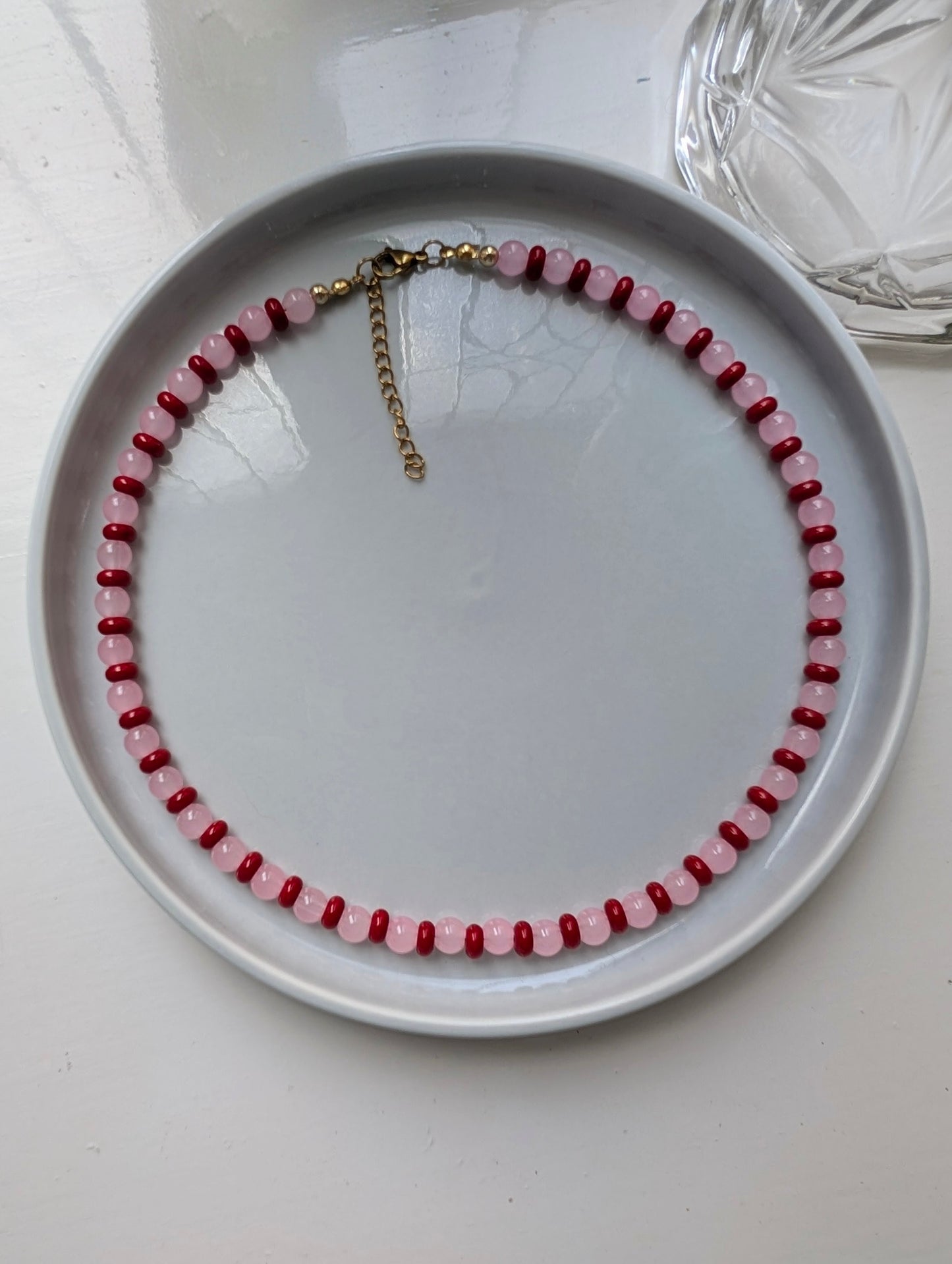 Pink & Red Rondelle Stone Beaded Necklace