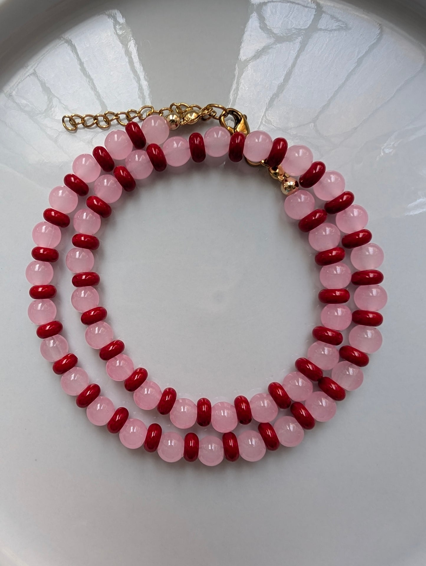 Pink & Red Rondelle Stone Beaded Necklace